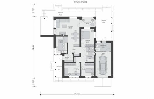 Проект индивидуального одноэтажного жилого дома с террасами и гаражом